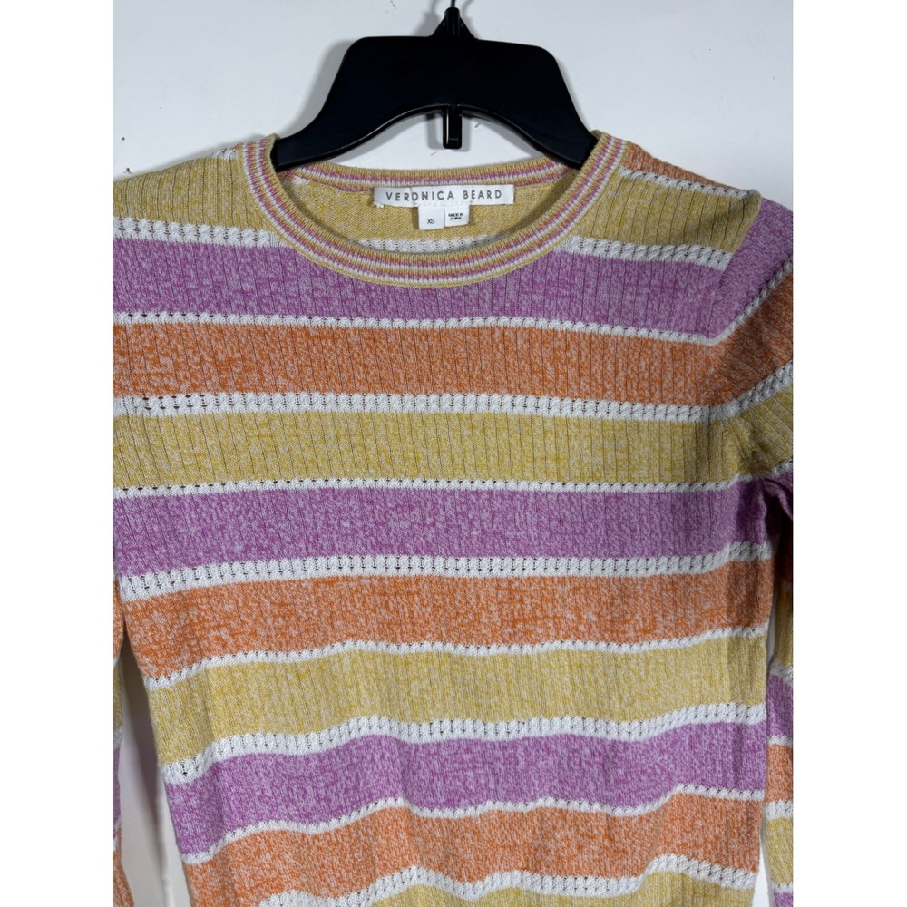 Veronica Beard Womens XS Striped Pointelle Knit Crewneck Sweater Multi Color